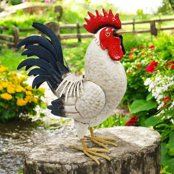EDH Door Hardware Metal White Cockerel (44cm x 16cm x 36cm) – Handcrafted Rustic Rooster Garden Ornament Farmyard Statue