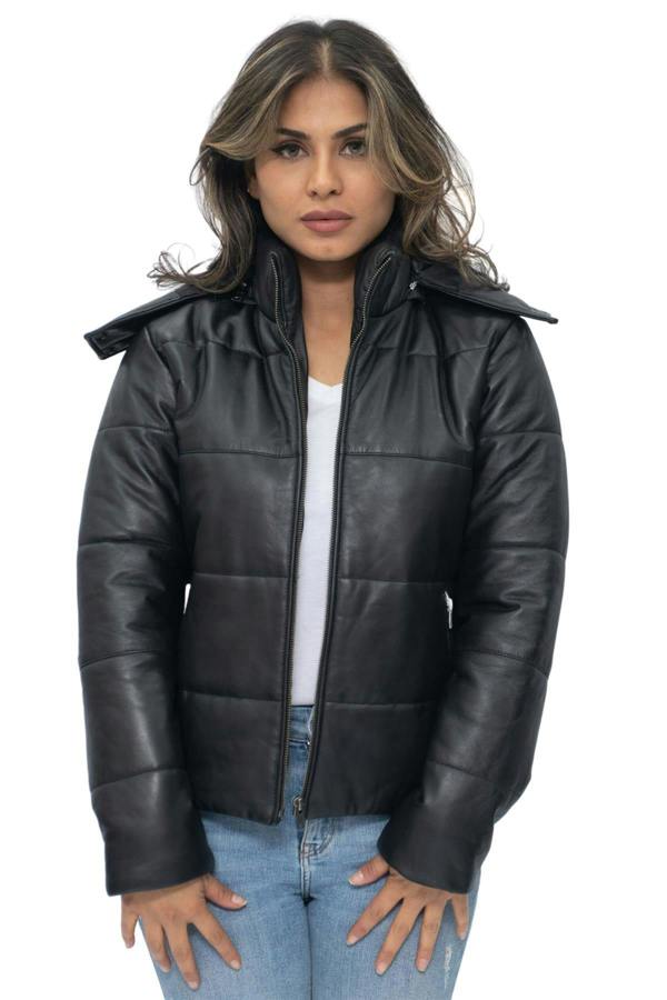 Infinity Leather Womens Puffer Leather Bomber Jacket-Ajax