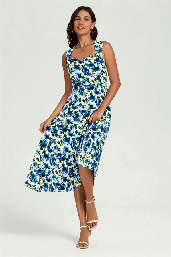 FS Collection Blue Floral Print Heart Neck Midi Dress