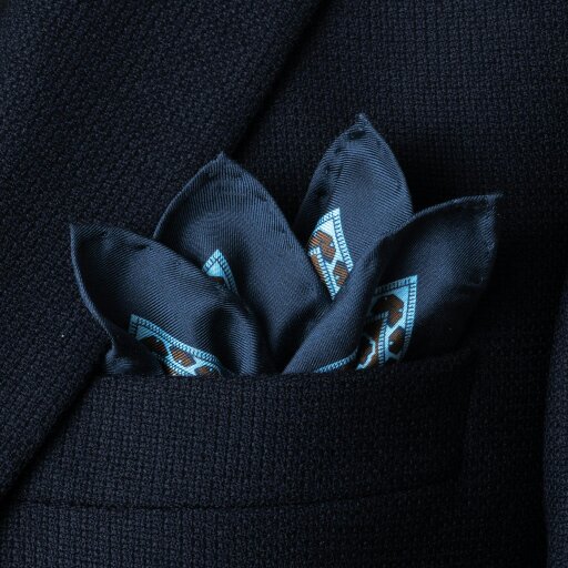 Otway & Orford 'Arabesque' tile design silk pocket square in turquoise, brown & navy (42 x 42cm)