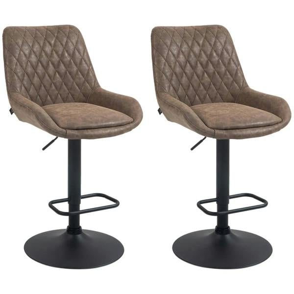 Set of two brown faux leather retro bar stools with diamond-quilted back and footrest