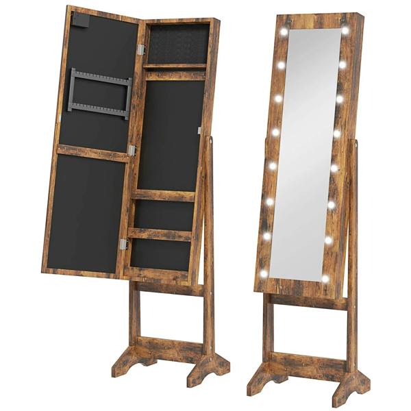 Rustic brown freestanding mirrored jewellery storage cabinet with LED bulbs and open shelves