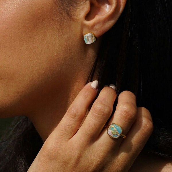 Gold Plated  Opal And Turquoise Gold Plated Gemstone Stud Earrings