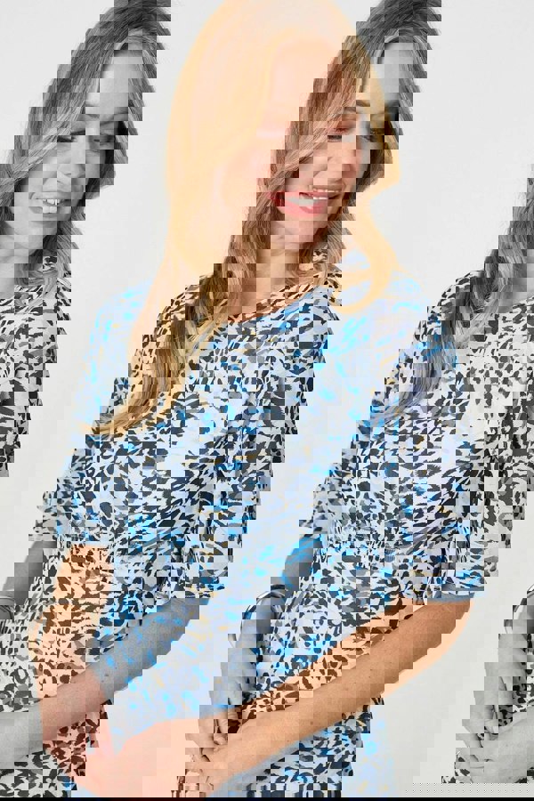 Blue | Animal Print Flared Sleeve Midi Dress
