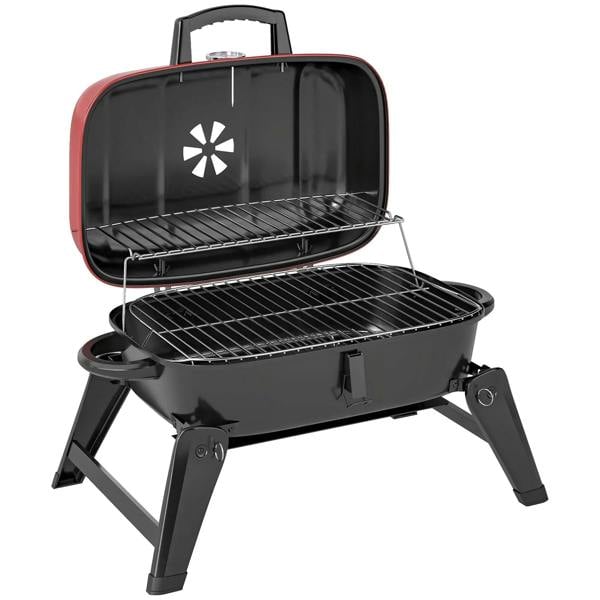 Folding red charcoal BBQ grill with open lid, cooking grates, side handles and thermometer