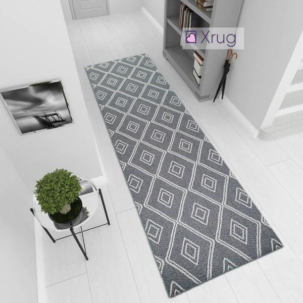 Runner Rug Geometric 100% Cotton Washable Woven Carpet Natural Diamond Patterned Mat - 75x300cm - Dark Grey Runner