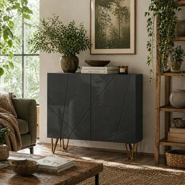 Wyld Haus Diro High Gloss Black Geometric Pattern Sideboard With Gold Hairpin Legs