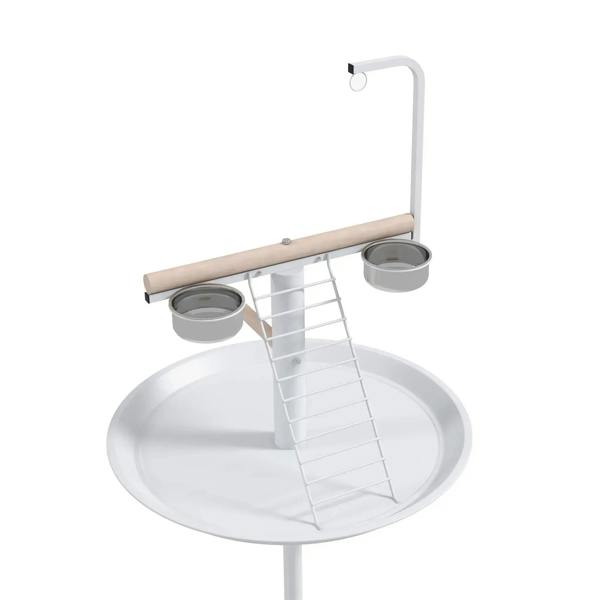 White bird feeding stand with round tray, two stainless bowls, and central perch ladder