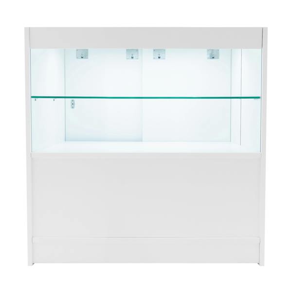White Phoenix LED shop counter set featuring a sleek design, glass shelves, and integrated lighting for optimal product display