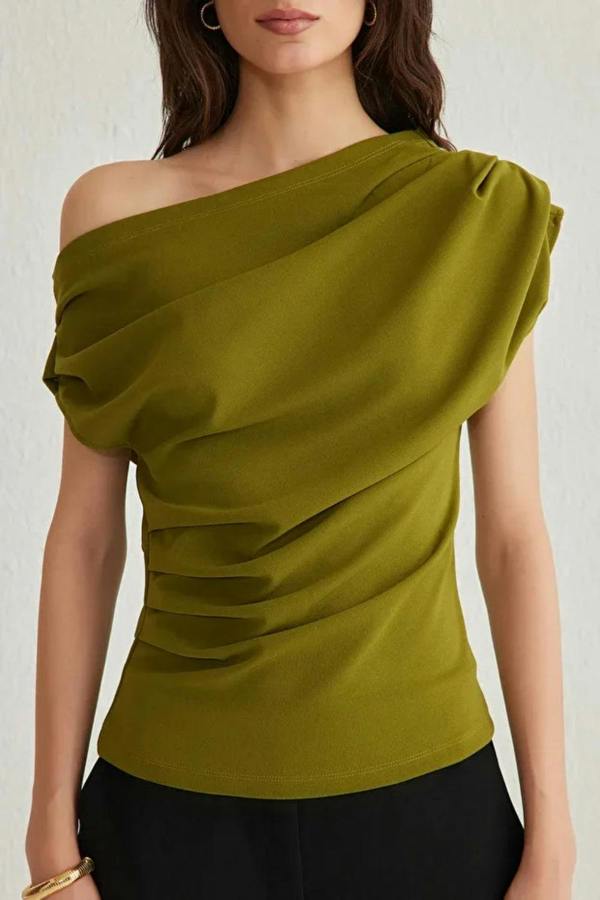 Hoxton Gal Draped, Gathered Detail Knit Blouse with Asymmetric Neckline