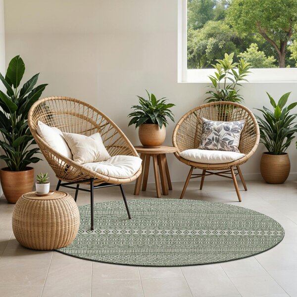Livabliss Eagean-Global Green Ivory Off-White In- & Outdoor Rug - 160 cm Round