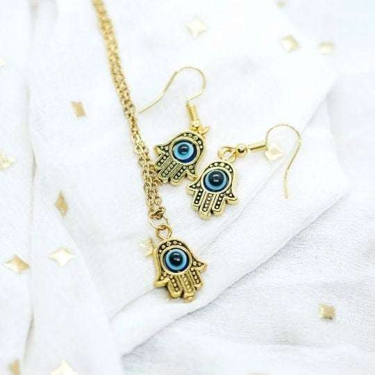 The Colourful Aura Hamsa Evil Eye Fatima Hand Dangle Drop Necklace and Earrings