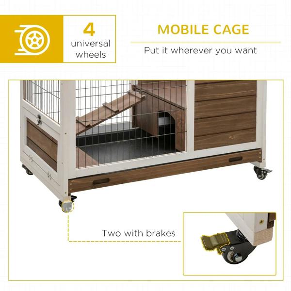 Brown wooden mobile rabbit cage on caster wheels with two wheels featuring brakes