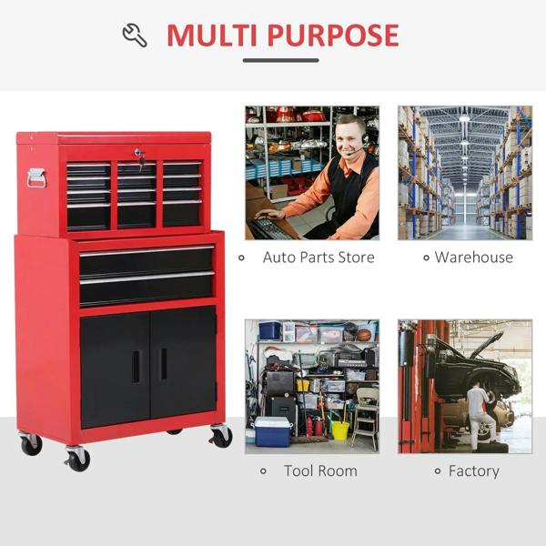 Red metal tool chest with three drawer bays, two black cabinet doors, and caster wheels