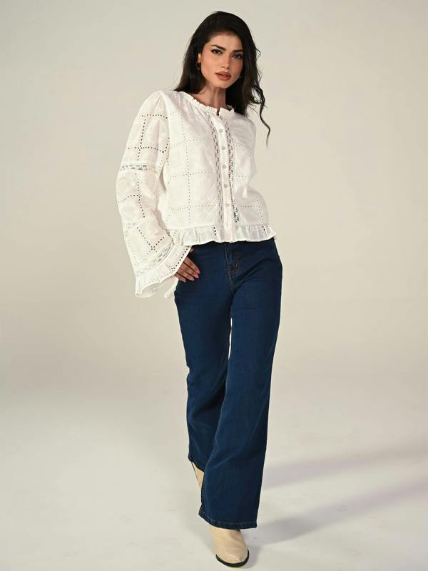 Rose & Nancy Abi Ivory Long Sleeve Embroidered Lace Blouse