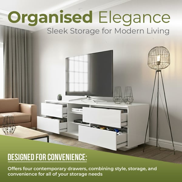 Centurion Supports Avitus Premium High Gloss White with 4-White Drawers and 3-Shelf 32"-65" LED/OLED/LCD TV Cabinet
