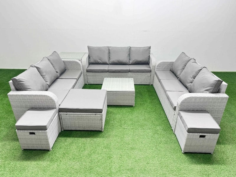 Fimous PE Rattan Lounge Sofa Set 12 Seater Outdoor Garden Furniture Set with Square Coffee Table 3 Seater Sofa 3 Stools Side Table Light Grey