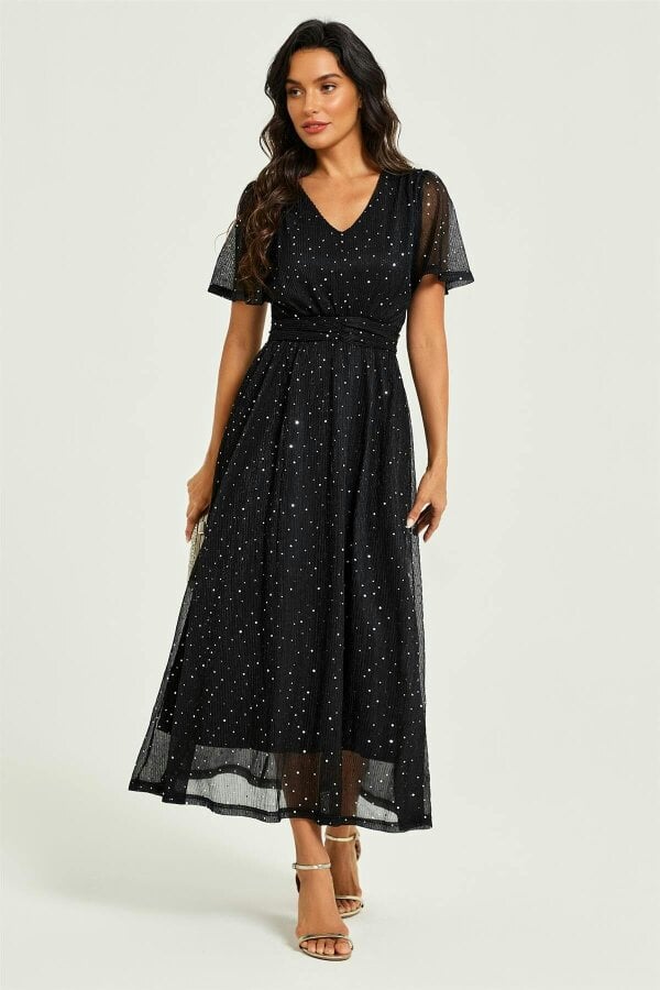 FS Collection Silver Sequin Pleated Ruched Waist Midi Dress Black