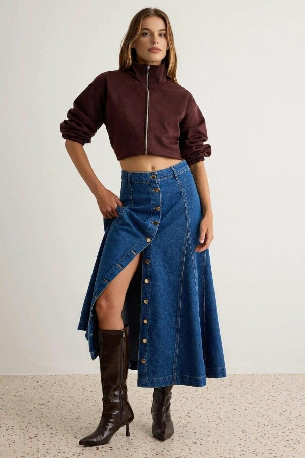 WOVCOR High Waist Button Front Maxi Denim Skirt