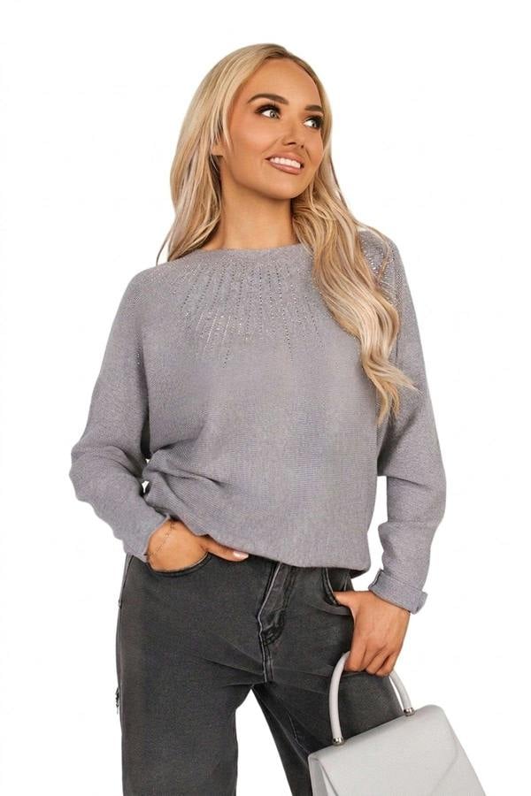 Haisley Long Sleeve Knitted Jumper With Embellished Neckline - Grey_wb