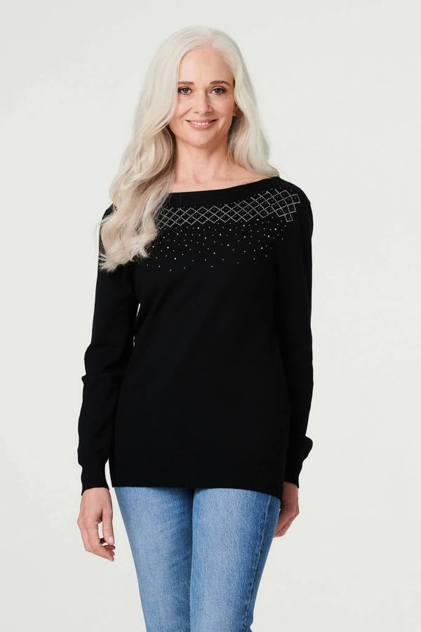 Black | Embellished Relaxed Knit Jumper