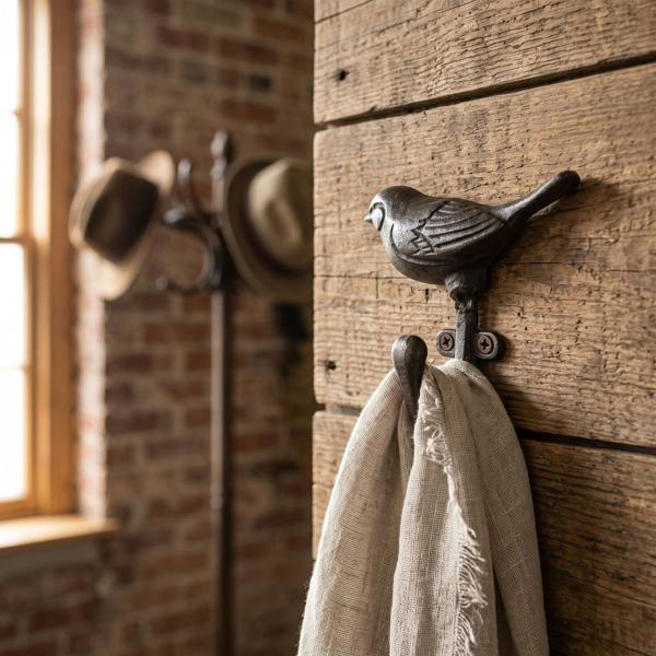 Cast iron bird-shaped hook mounted on rustic wooden wall, holding a scarf in a vintage entryway scene.