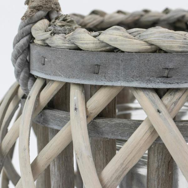 JVL Luna Natural Round Willow Wood Lantern With Braided Rope Handle, Grey Wash