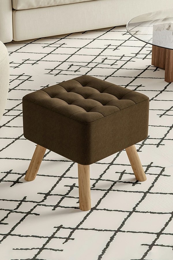 Living and Home Brown Linen Padded Wooden Leg Square Footstool