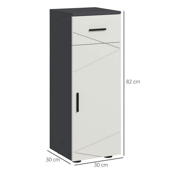 Grey and white slim bathroom cabinet with drawer, door, and side dimensions