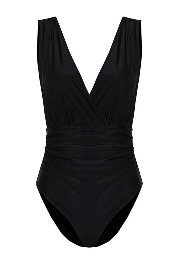 WOVCOR Draped Deep V-Neck Padded Regular Swimsuit