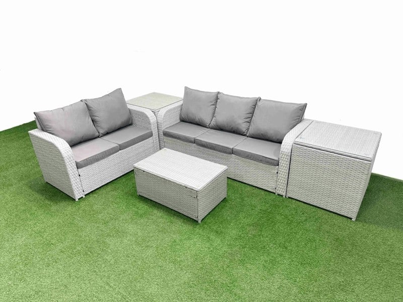 Fimous 5 Seater PE Rattan Wicker Garden Furniture Patio Conservatory Sofa Set with Rectangular Coffee Table 3 Seater Sofa Love Sofa 2 Side Table