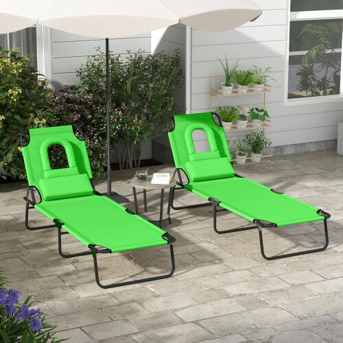  Outsunny Folding Sun Lounger Reclining Chair w/ Pillow Reading Hole - Green - 2