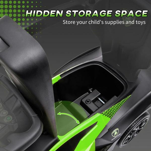 Green kids Lamborghini ride-on stroller seat with hidden storage compartment