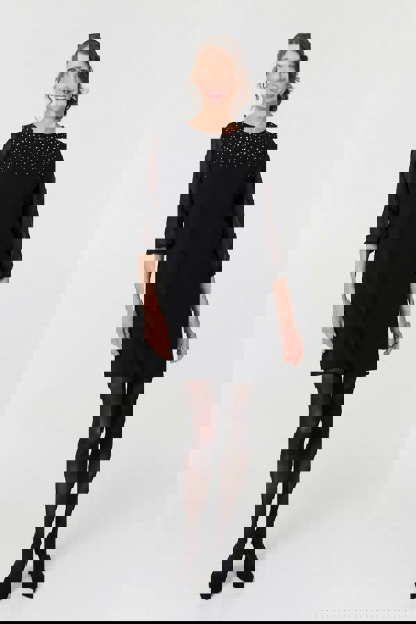 Black | Sparkly Mesh Knit 3/4 Sleeve Short Dress
