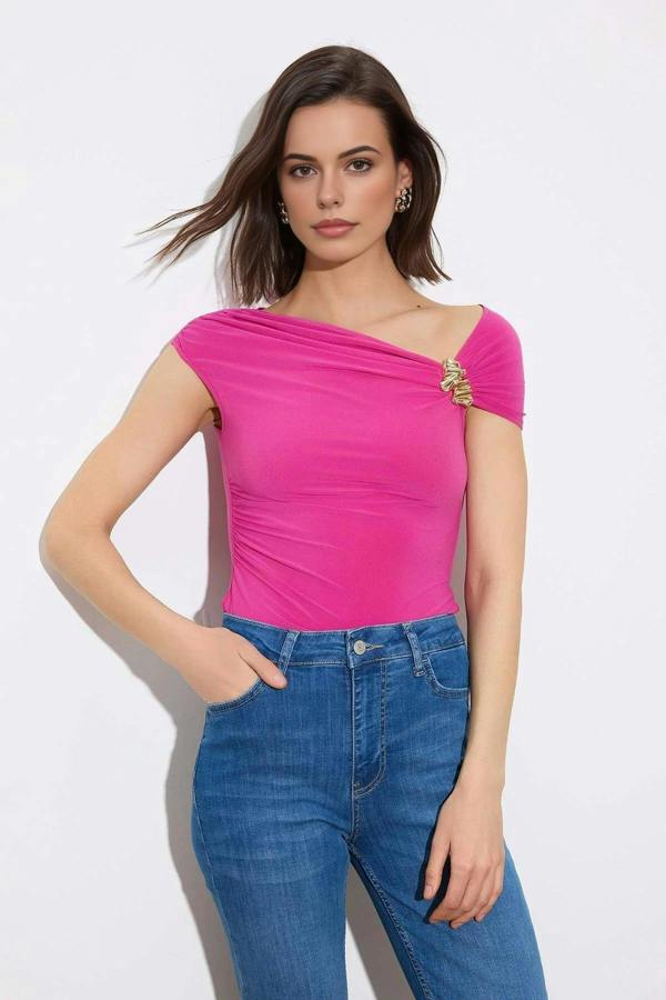 WOVCOR Fitted Asymmetrical Neckline Blouse with Accessory Detail Knit