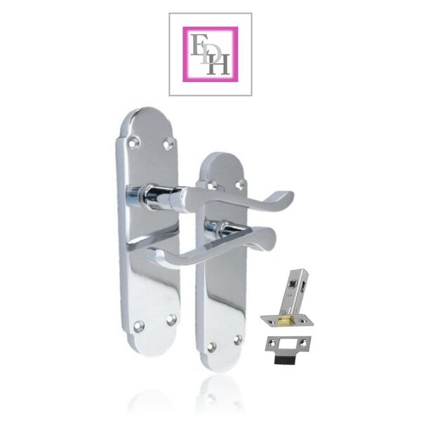 EDH Door Hardware Polished Chrome Victorian Scroll Door Handles on Shaped Backplate – 170mm x 40mm + Tubular Latch