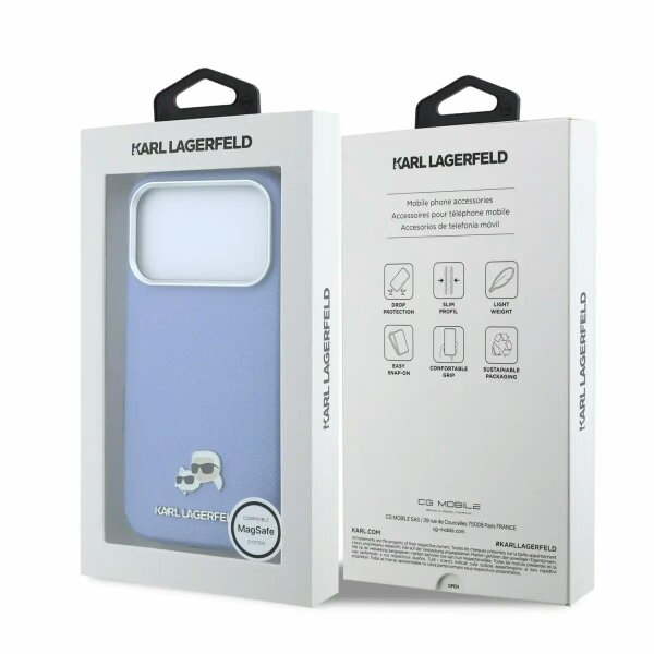 Karl Lagerfeld Grained Karl & Choupette Heads Metal Logo Case with MagSafe for iPhone 17/18 Pro Max 6.9" Light Blue - KLHMP18X6PSKCHLB