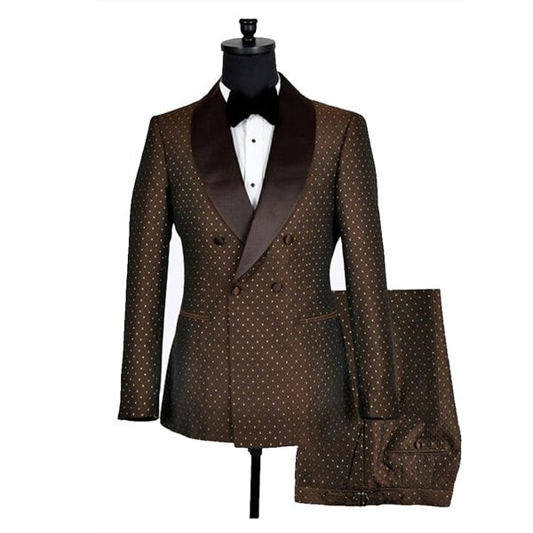 David WeJ Alfredo Double Breasted Shawl Lapel Dotted Jacquard Tuxedo - Brown