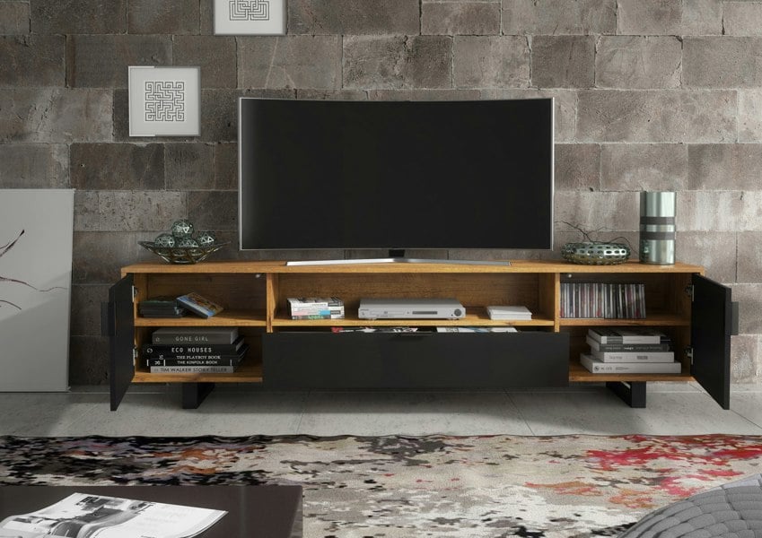 Mex Furniture Milled 200cm TV Unit with Oak Matt Body and Black Milled-Front Doors