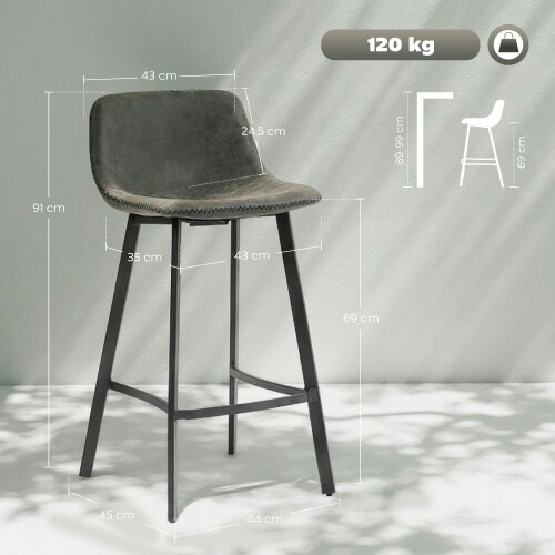 Wyld Haus Nora Set Of 2 Grey Faux Leather Dining Bar Stools With Back And Foot Support