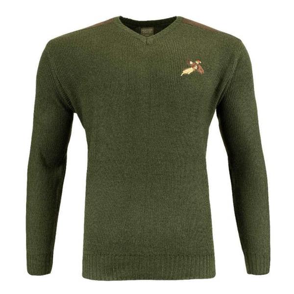 Green Jack Pyke Shooters pullover with flying pheasant on chest and v-neck design