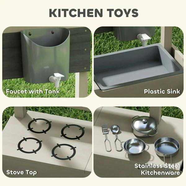 Kids sandbox kitchen toys with faucet, plastic sink, stove top, and cookware