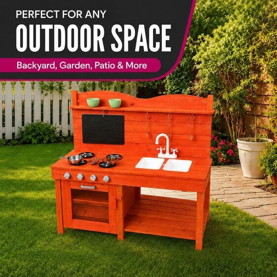 Neo Red Wooden Outdoor Mud Kitchen Kids Garden Play Double Sink