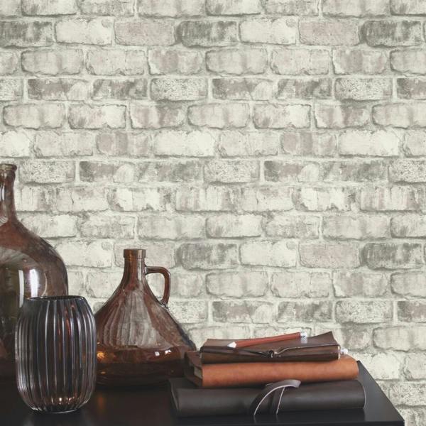 Rasch x Tesa Clayton Rustic Industrial Brick Self Adhesive Peel and Stick Textured Wallpaper, Grey