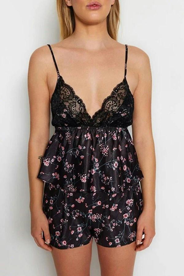 WOVCOR Floral Lace Trim Cami Top and Shorts Pyjama Set