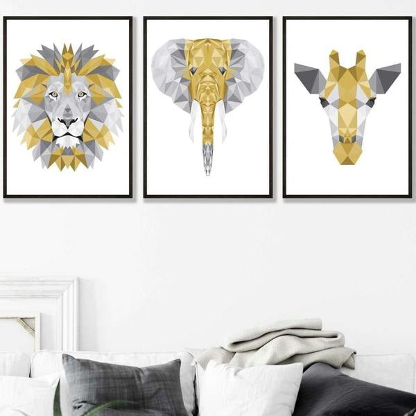 Set of 3 Geometric Yellow and Grey Jungle Heads Lion Elephant Giraffe