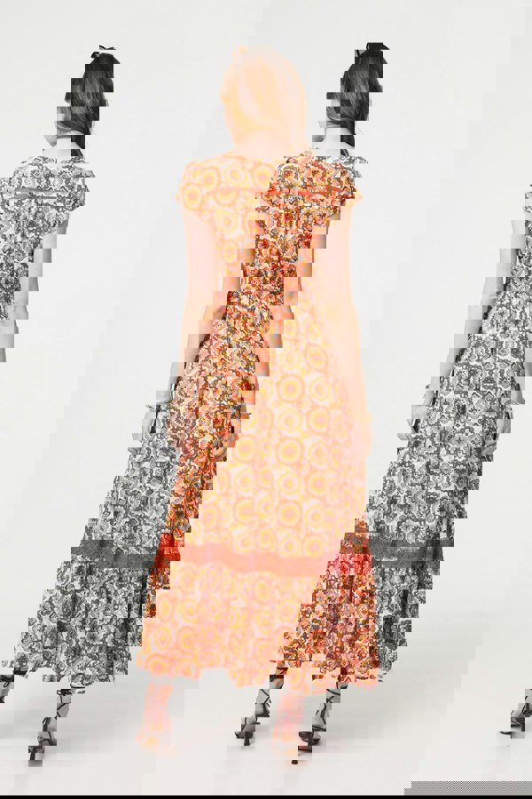 Orange | Paisley Cap Sleeve Lace Trim Maxi Dress