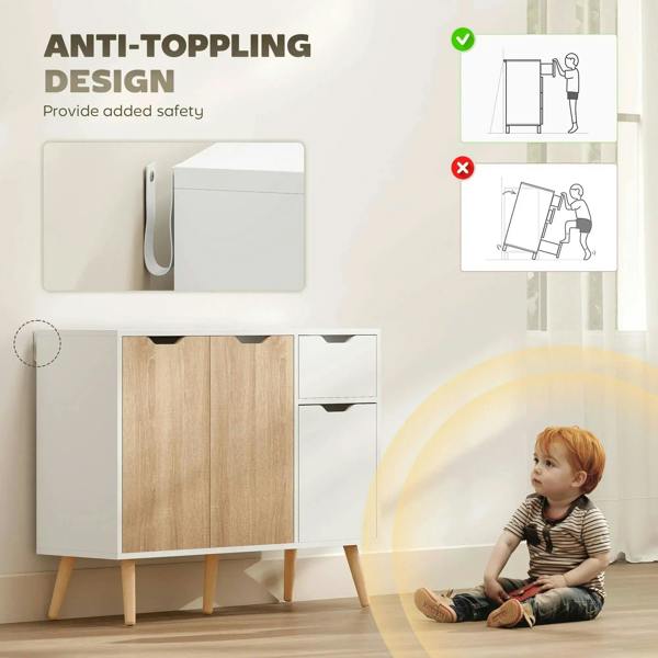 White sideboard cabinet with natural wood door panels and pull-out drawer fronts