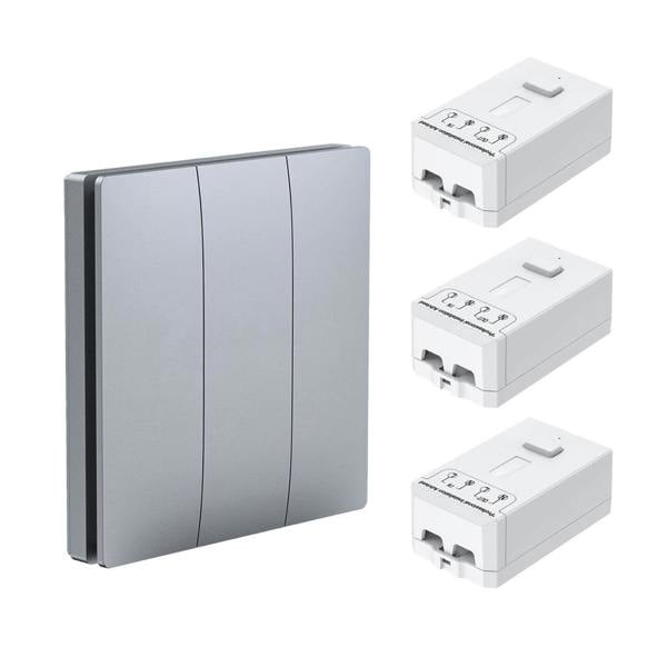 ENER-J Wireless Kinetic 3 Gang Switch ECO SERIES (Silver body) with 3 Non Dimmable 5A RF Receivers. No Wiring, No Batteries, No Drilling Holes