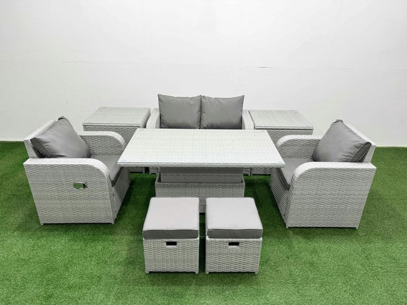 Fimous 6-Seater Light Grey PE Rattan Sofa Set | Outdoor/Indoor Reclining Chair, Adjustable Coffee/Dining Table, 2 Footstools, 2 Side Tables